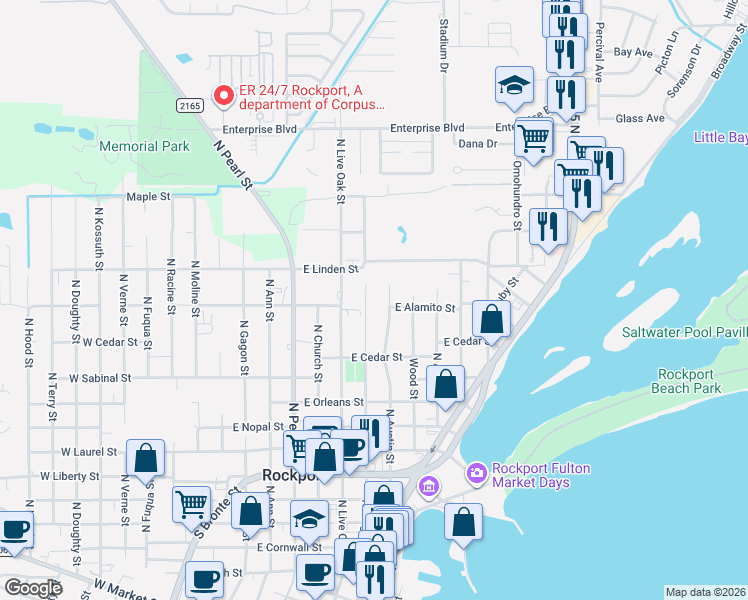 map of restaurants, bars, coffee shops, grocery stores, and more near 1052 North Magnolia Street in Rockport