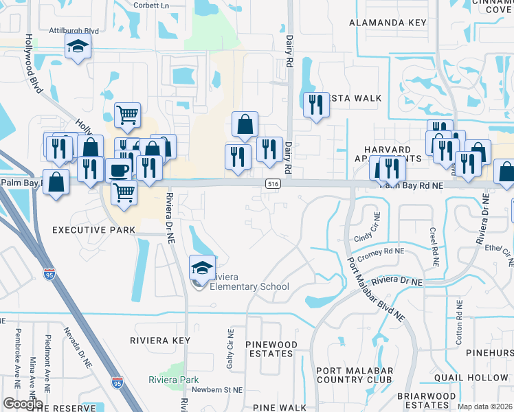 map of restaurants, bars, coffee shops, grocery stores, and more near 1460 Sheafe Avenue Northeast in Palm Bay