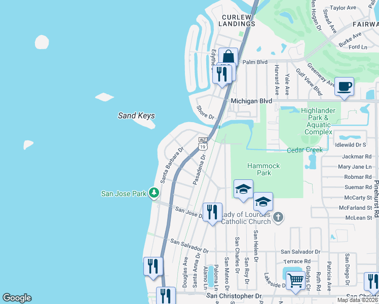 map of restaurants, bars, coffee shops, grocery stores, and more near 1792 Bayshore Boulevard in Dunedin