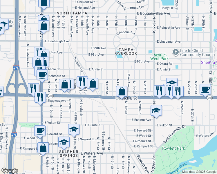 map of restaurants, bars, coffee shops, grocery stores, and more near 9307 North 16th Street in Tampa