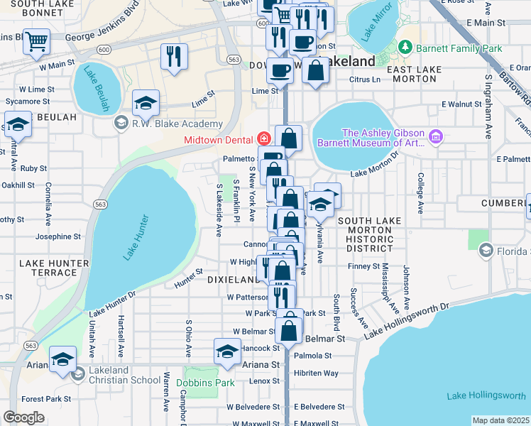 map of restaurants, bars, coffee shops, grocery stores, and more near 837 South Missouri Avenue in Lakeland