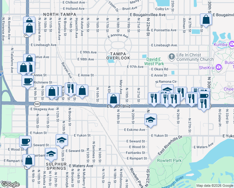 map of restaurants, bars, coffee shops, grocery stores, and more near 9307 North 18th Street in Tampa