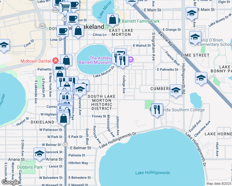 map of restaurants, bars, coffee shops, grocery stores, and more near 825 Johnson Avenue in Lakeland
