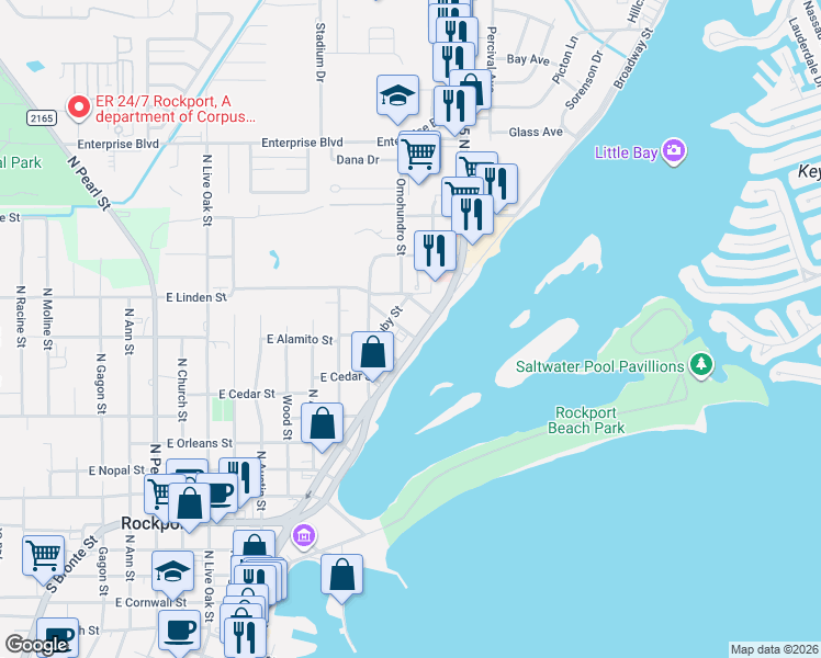 map of restaurants, bars, coffee shops, grocery stores, and more near 1122 Broadway Street in Rockport