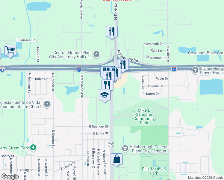 map of restaurants, bars, coffee shops, grocery stores, and more near 2103 North Park Road in Plant City
