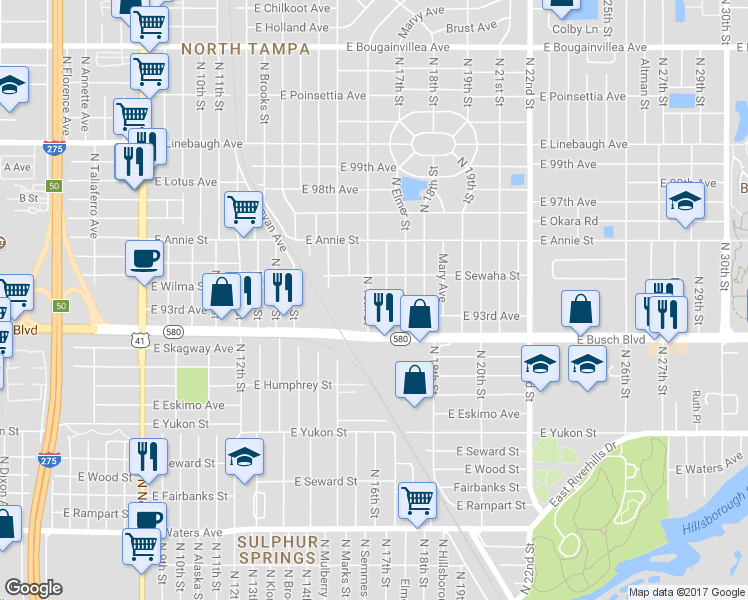 map of restaurants, bars, coffee shops, grocery stores, and more near 9301 North 16th Street in Tampa