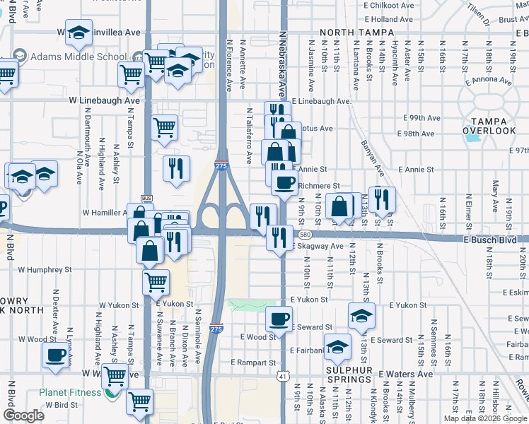 map of restaurants, bars, coffee shops, grocery stores, and more near 856 East Busch Boulevard in Tampa