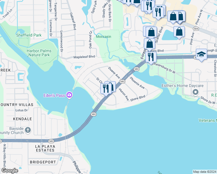 map of restaurants, bars, coffee shops, grocery stores, and more near 3675 State Road 580 in Oldsmar
