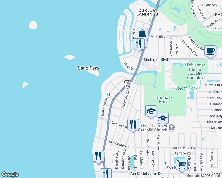 map of restaurants, bars, coffee shops, grocery stores, and more near 156 Buena Vista Drive South in Dunedin