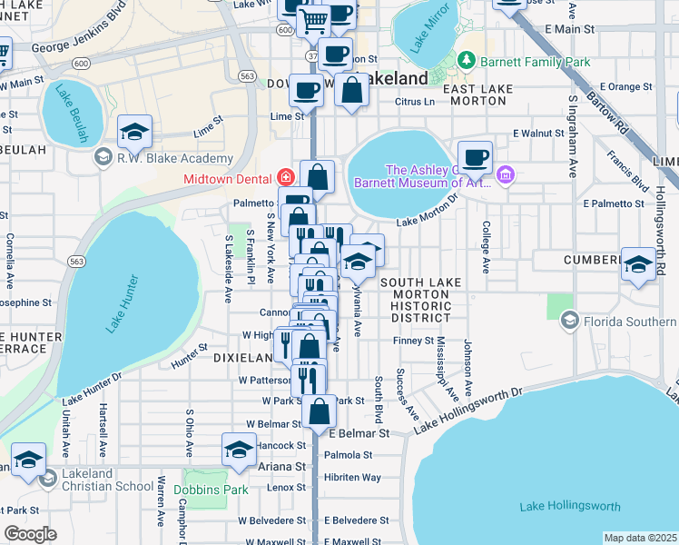 map of restaurants, bars, coffee shops, grocery stores, and more near 830 South Tennessee Avenue in Lakeland