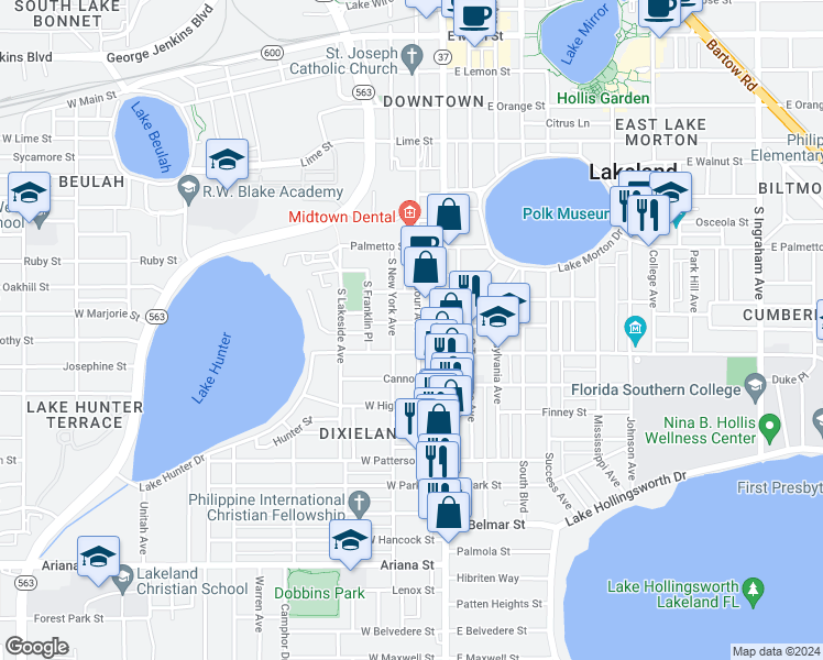 map of restaurants, bars, coffee shops, grocery stores, and more near 835 South Missouri Avenue in Lakeland