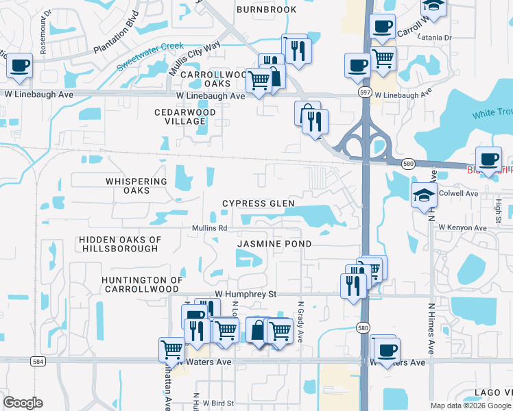 map of restaurants, bars, coffee shops, grocery stores, and more near 8811 Cypress Hammock Drive in Tampa
