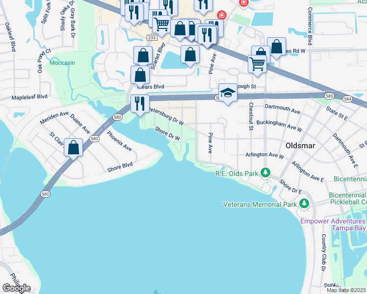 map of restaurants, bars, coffee shops, grocery stores, and more near 116 Brent Circle in Oldsmar