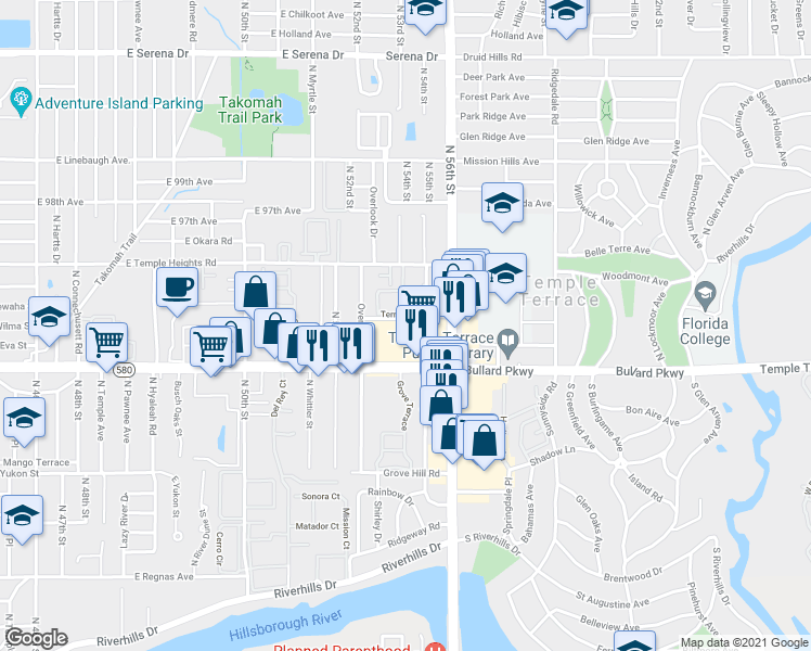 map of restaurants, bars, coffee shops, grocery stores, and more near 5400 East Busch Boulevard in Tampa