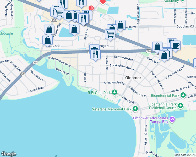 map of restaurants, bars, coffee shops, grocery stores, and more near 502 Devonshire Street in Oldsmar