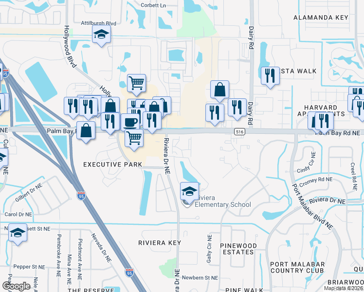 map of restaurants, bars, coffee shops, grocery stores, and more near 954 Sonesta Avenue Northeast in Palm Bay