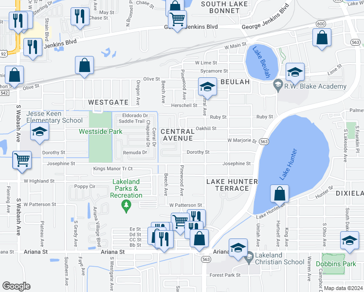 map of restaurants, bars, coffee shops, grocery stores, and more near 830 Pinewood Avenue in Lakeland