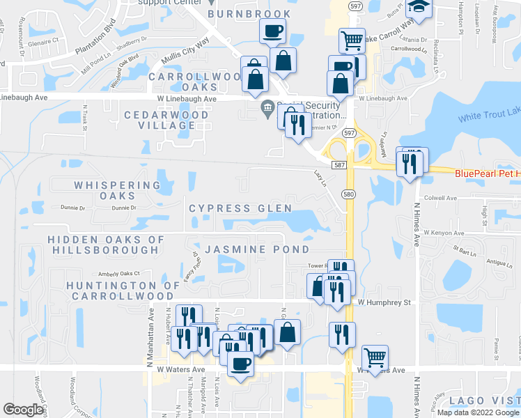map of restaurants, bars, coffee shops, grocery stores, and more near 8833 Cypress Hammock Drive in Tampa