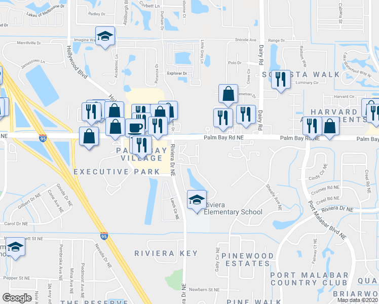 map of restaurants, bars, coffee shops, grocery stores, and more near 954 Sonesta Avenue Northeast in Palm Bay