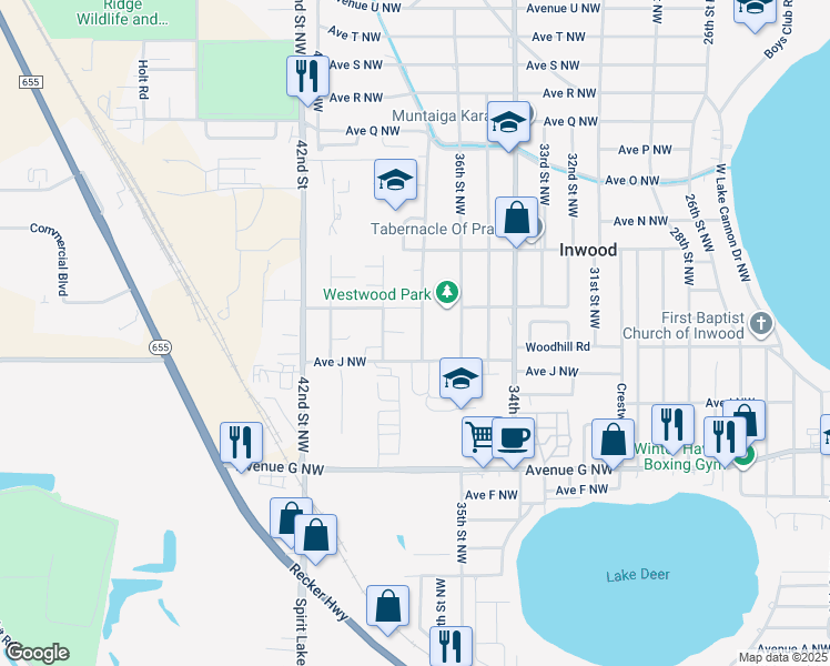 map of restaurants, bars, coffee shops, grocery stores, and more near 3715 1/2 Avenue J Northwest in Winter Haven