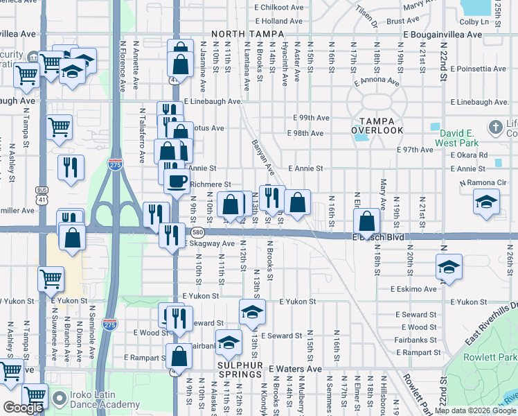 map of restaurants, bars, coffee shops, grocery stores, and more near 9209 North 13th Street in Tampa