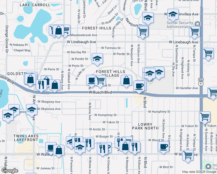 map of restaurants, bars, coffee shops, grocery stores, and more near 1323 Florida 580 in Tampa