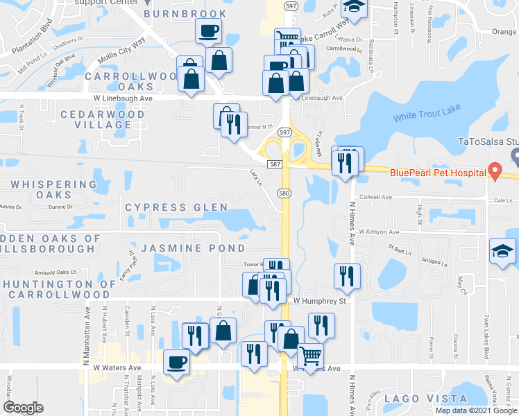 map of restaurants, bars, coffee shops, grocery stores, and more near 3816 Cortez Drive in Tampa