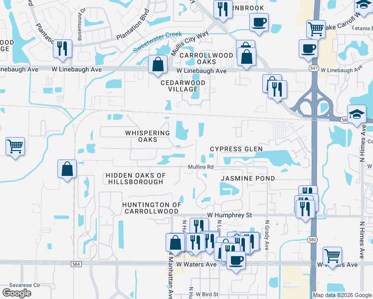 map of restaurants, bars, coffee shops, grocery stores, and more near 4315 Mullins Road in Tampa
