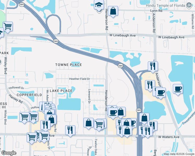 map of restaurants, bars, coffee shops, grocery stores, and more near 8904 Rocky Run Court in Tampa