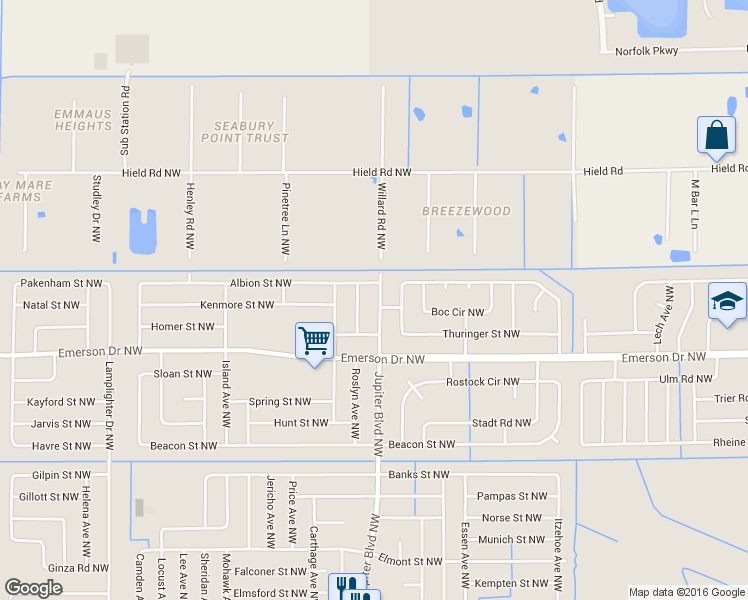 map of restaurants, bars, coffee shops, grocery stores, and more near 402 Jupiter Boulevard Northwest in Palm Bay