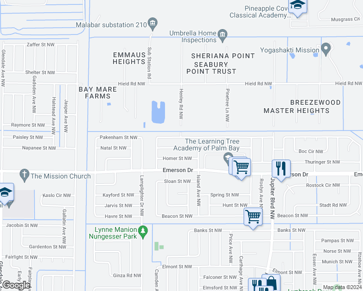 map of restaurants, bars, coffee shops, grocery stores, and more near 1137 Kenmore Street Northwest in Palm Bay
