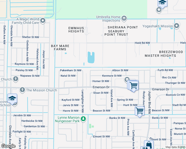 map of restaurants, bars, coffee shops, grocery stores, and more near 1193 Kenmore Street Northwest in Palm Bay