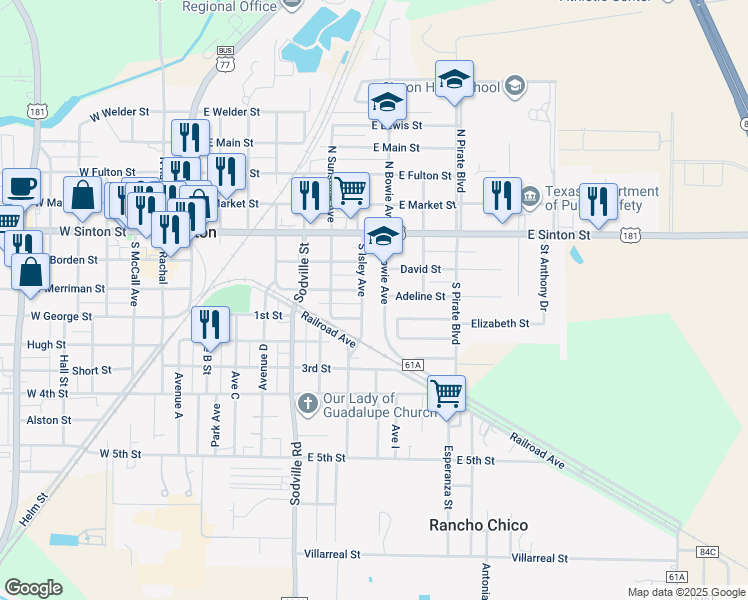 map of restaurants, bars, coffee shops, grocery stores, and more near 200 South Bowie Avenue in Sinton