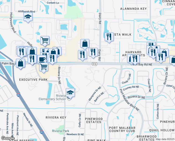 map of restaurants, bars, coffee shops, grocery stores, and more near 1460 Sheafe Avenue Northeast in Palm Bay