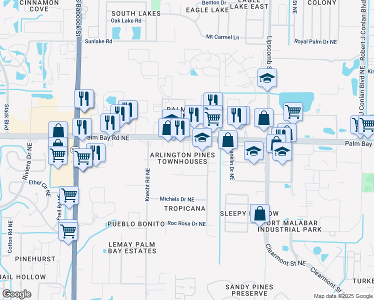 map of restaurants, bars, coffee shops, grocery stores, and more near 1300 Arlington Lane Northeast in Palm Bay