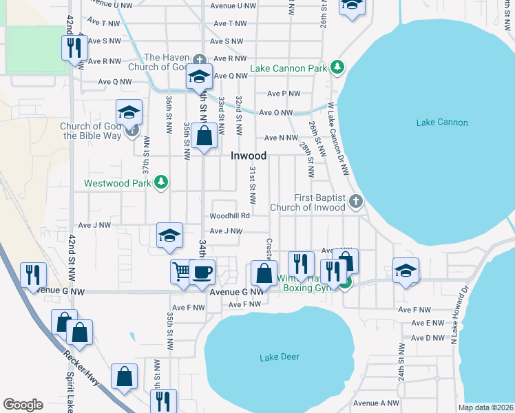 map of restaurants, bars, coffee shops, grocery stores, and more near 3104 Avenue K Northwest in Winter Haven
