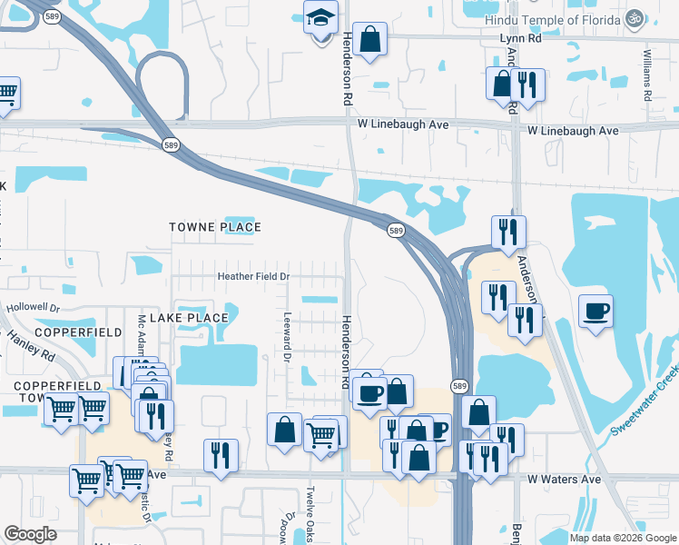 map of restaurants, bars, coffee shops, grocery stores, and more near 8903 Richfield Court in Tampa