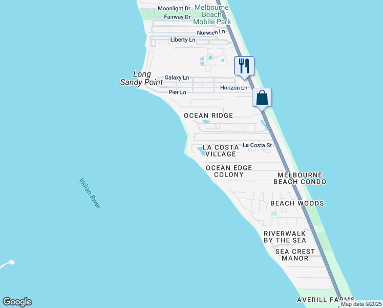 map of restaurants, bars, coffee shops, grocery stores, and more near 395 Richards Road in Melbourne Beach