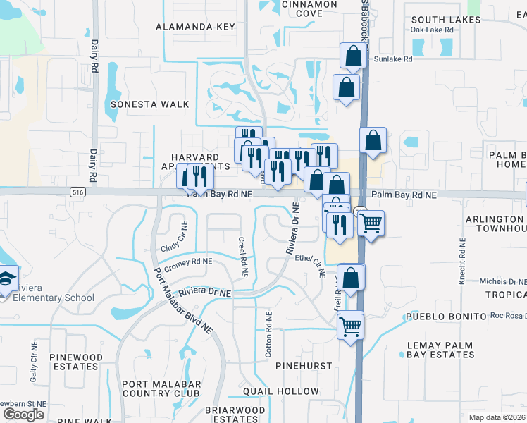 map of restaurants, bars, coffee shops, grocery stores, and more near 1400 Carr Circle Northeast in Palm Bay