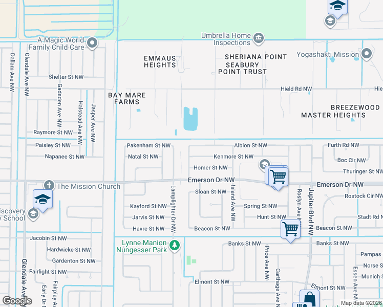 map of restaurants, bars, coffee shops, grocery stores, and more near 1199 Homer Street Northwest in Palm Bay