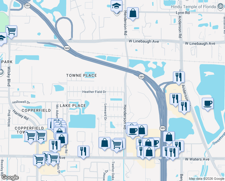 map of restaurants, bars, coffee shops, grocery stores, and more near 8904 Rocky Run Court in Tampa