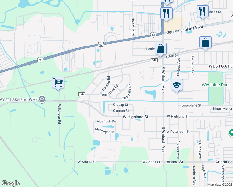 map of restaurants, bars, coffee shops, grocery stores, and more near 902 Nashville Road in Lakeland