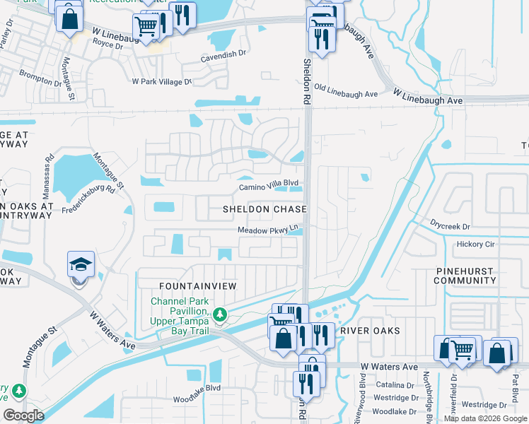 map of restaurants, bars, coffee shops, grocery stores, and more near 9311 Crandon Lane in Tampa
