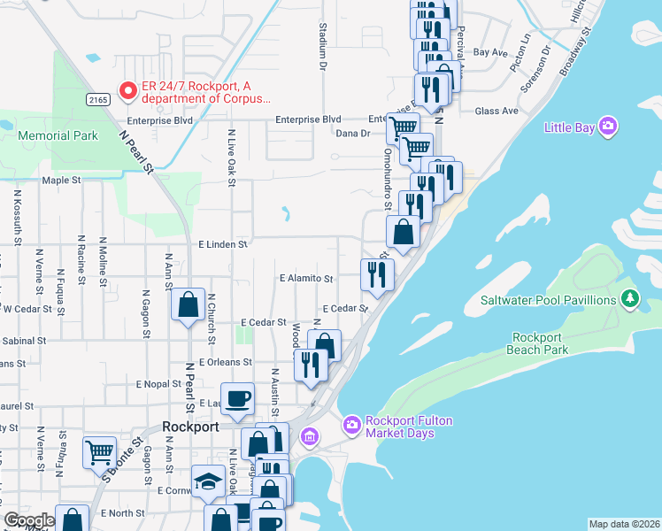 map of restaurants, bars, coffee shops, grocery stores, and more near 1022 Patton Street in Rockport