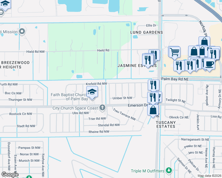 map of restaurants, bars, coffee shops, grocery stores, and more near 1350 Prum Avenue Northwest in Palm Bay