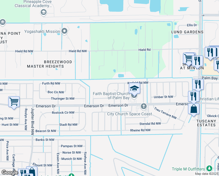 map of restaurants, bars, coffee shops, grocery stores, and more near 518 Krefeld Road Northwest in Palm Bay