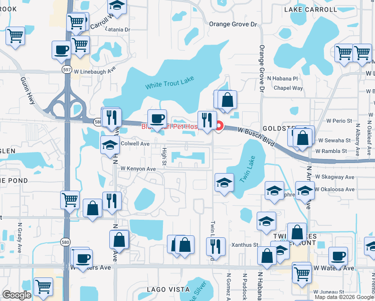 map of restaurants, bars, coffee shops, grocery stores, and more near White Swan Drive in Tampa