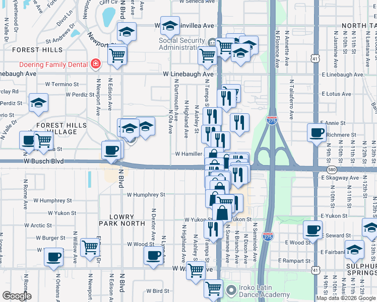 map of restaurants, bars, coffee shops, grocery stores, and more near 304 West Hamiller Avenue in Tampa