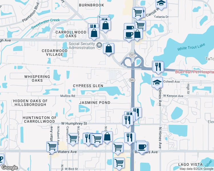 map of restaurants, bars, coffee shops, grocery stores, and more near 4001 Muriel Place in Tampa