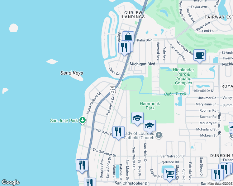 map of restaurants, bars, coffee shops, grocery stores, and more near 1853 Pasadena Drive in Dunedin